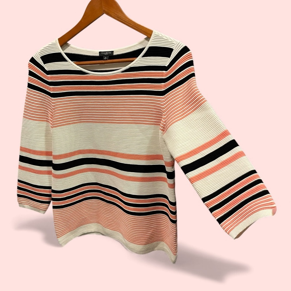Cute creamy coastal blush stripe textured sweater Talbots knit chunky